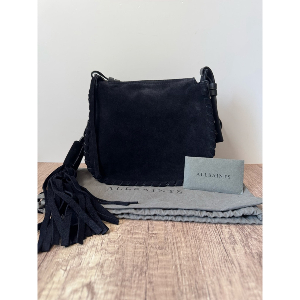 All Saints Suede Black Crossbody Bag with Fringe